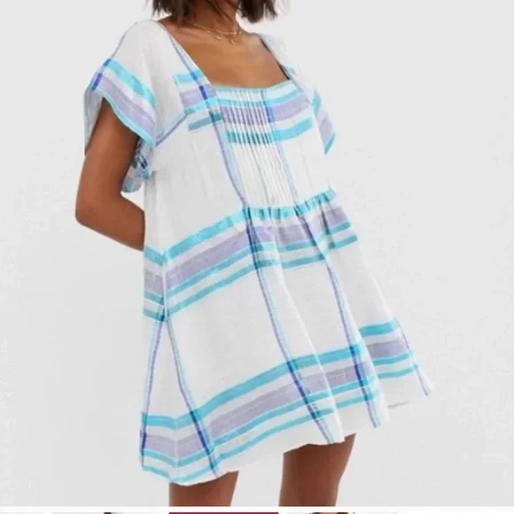 Free People Barcelona Plaid Shimmer Mini Dress Ivory Metallic Stripes Boho - Picture 3 of 11